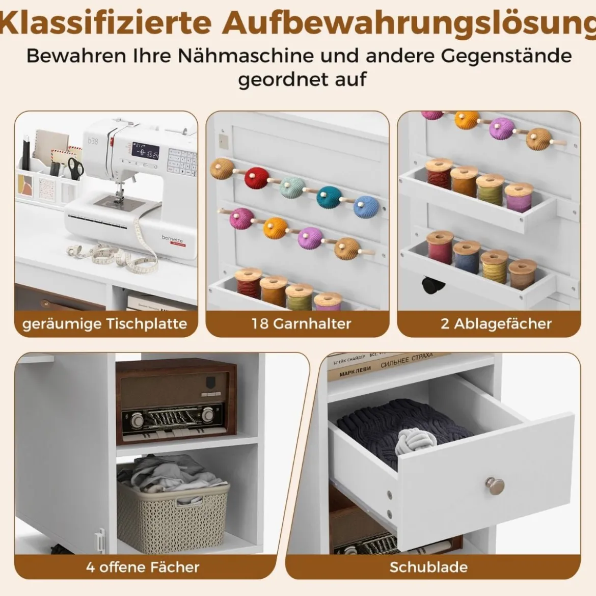 2 in 1 Nähschrank Schreibtisch klappbar Nähmaschinentisch mit Ablageflächen Weiß