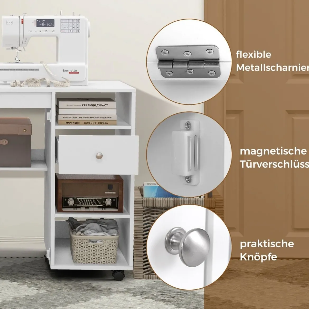 2 in 1 Nähschrank Schreibtisch klappbar Nähmaschinentisch mit Ablageflächen Weiß