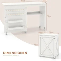 2 in 1 Nähschrank & Schreibtisch klappbar Nähtisch Mehrzweck-Bastelstation mit Ablagefläche Natur/Weiß