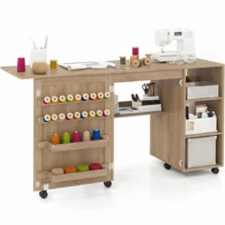 2 in 1 Nähtisch Schreibtisch Klappbar Multifunktionale Nähmaschinenstation mit Ablageflächen Braun