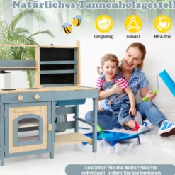 2 in 1 Outdoor Matschküche mit Wasserhahn & Abnehmbarem Waschbecken Kinderküche Blau