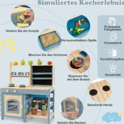 2 in 1 Outdoor Matschküche mit Wasserhahn & Abnehmbarem Waschbecken Kinderküche Blau