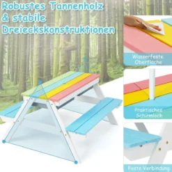 3-in-1 Picknicktisch für den Außenbereich Wasser & Sandtisch mit Spielboxen & Schirm Blau und Weiß