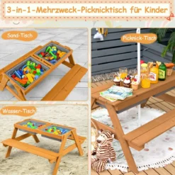 3-in-1 Picknicktisch für den Außenbereich Wasser & Sandtisch mit Spielboxen & Schirm Grün und Weiß