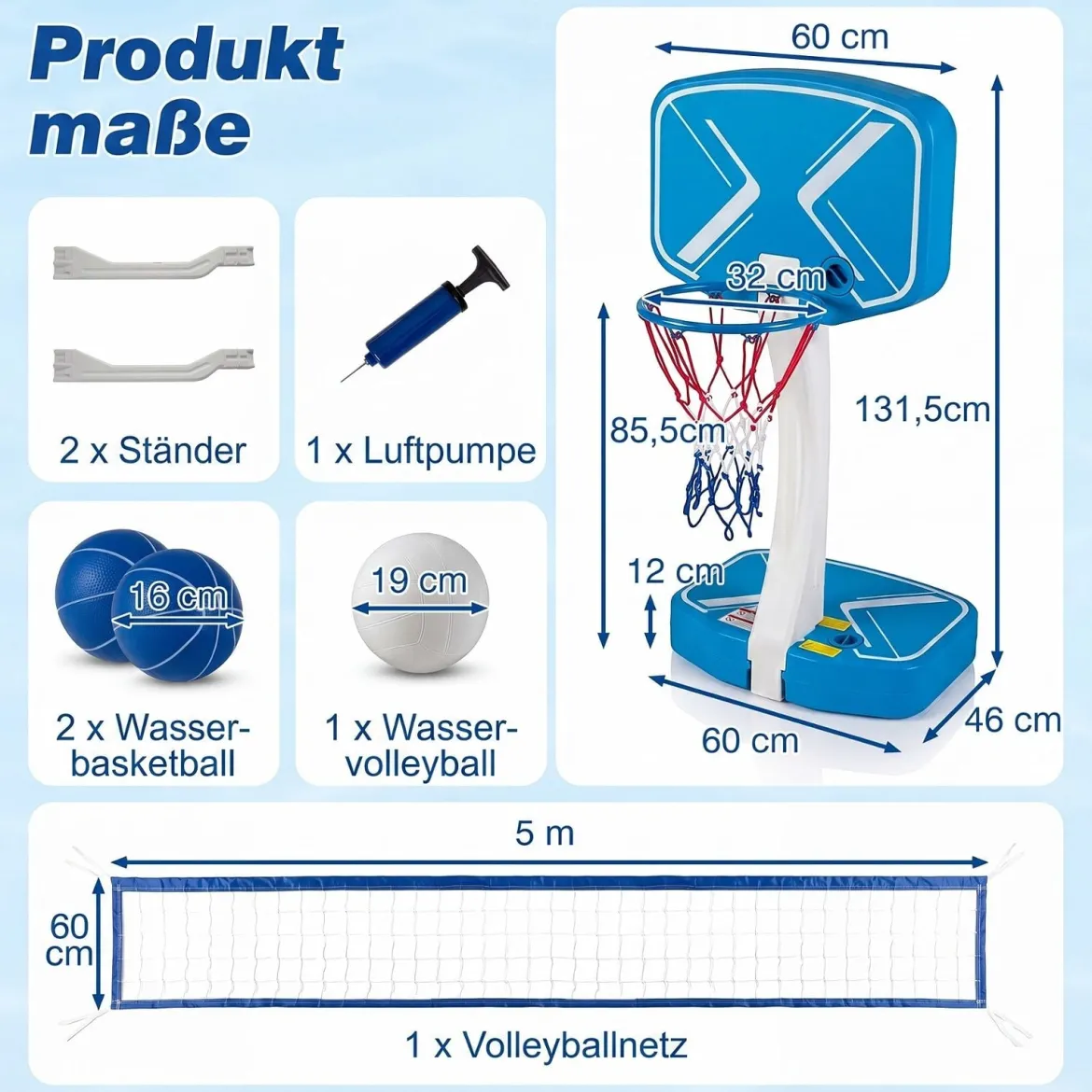 2-in-1 Pool Basketballkorb & Volleyballnetz Poolspielzeug mit Breiten Befüllbaren Standfüßen