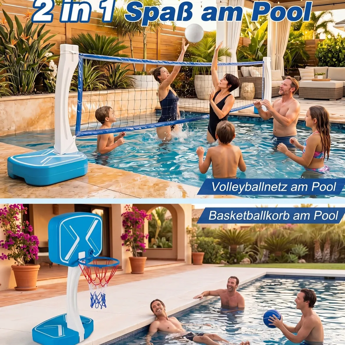 2-in-1 Pool Basketballkorb & Volleyballnetz Poolspielzeug mit Breiten Befüllbaren Standfüßen