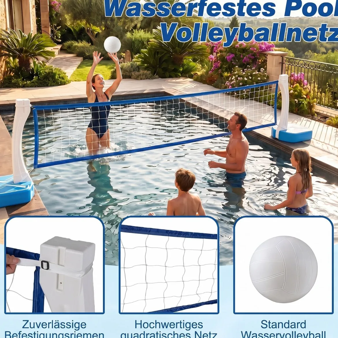 2-in-1 Pool Basketballkorb & Volleyballnetz Poolspielzeug mit Breiten Befüllbaren Standfüßen