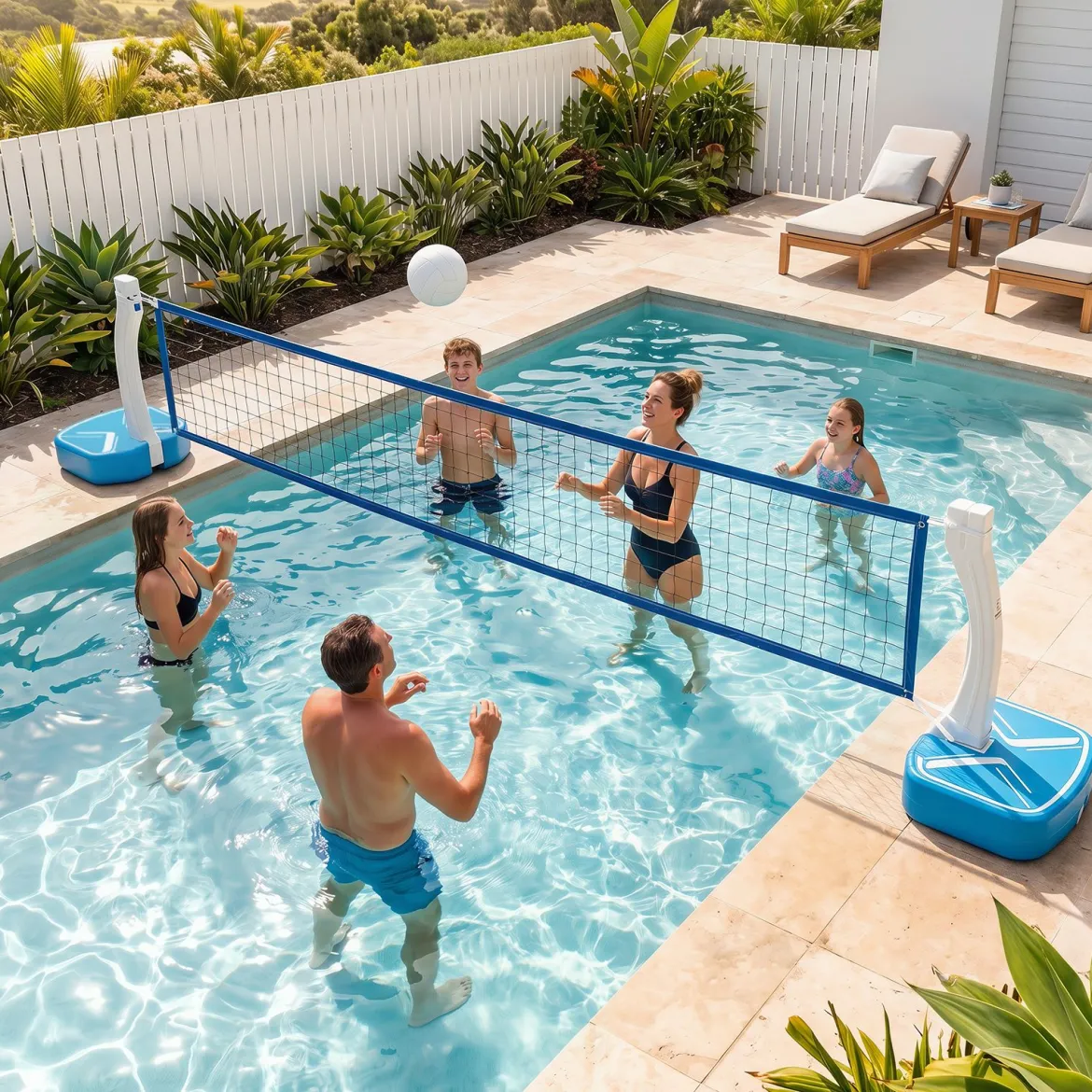 2-in-1 Pool Basketballkorb & Volleyballnetz Poolspielzeug mit Breiten Befüllbaren Standfüßen