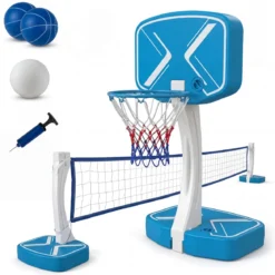 2-in-1 Pool Basketballkorb & Volleyballnetz Poolspielzeug mit Breiten Befüllbaren Standfüßen