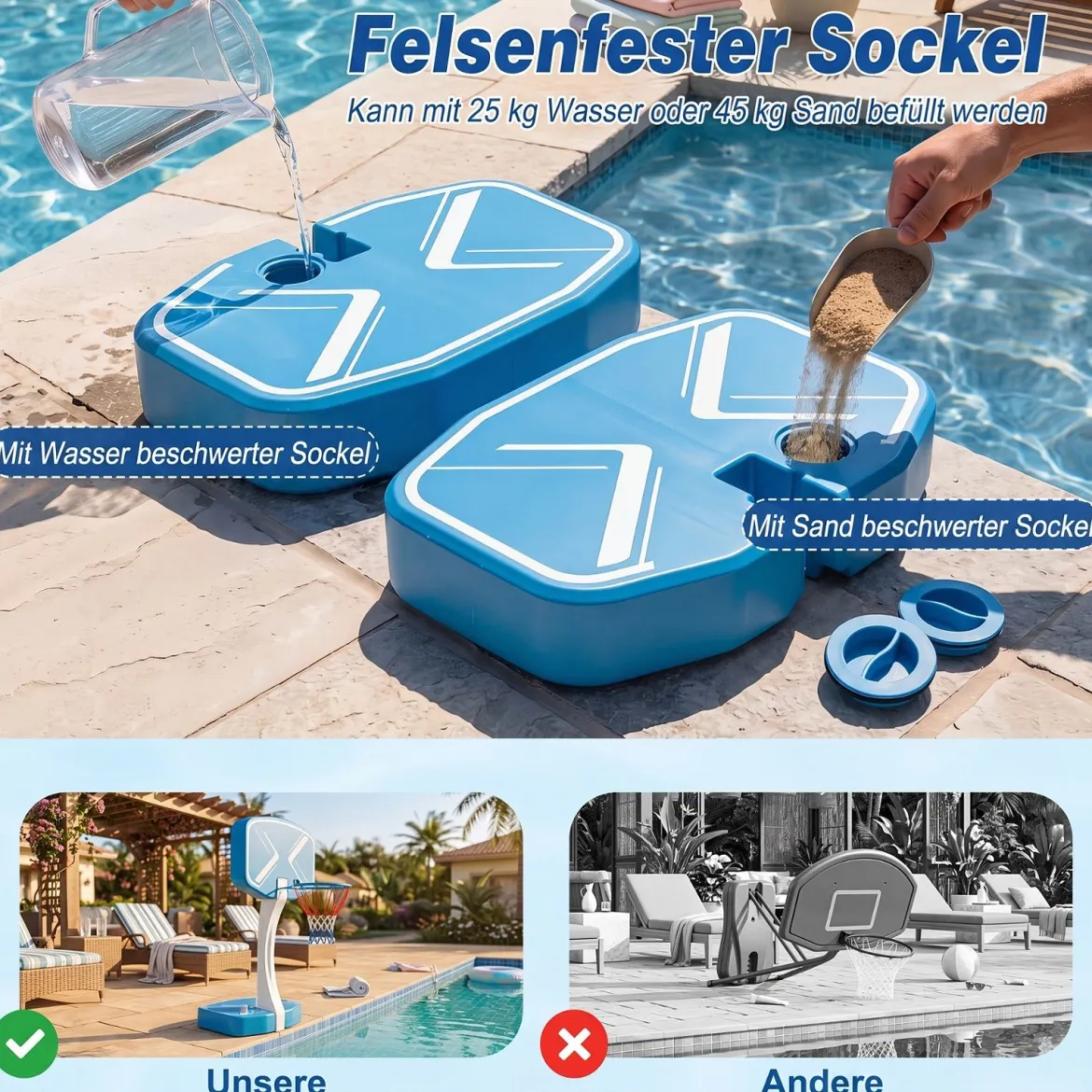 2-in-1 Pool Basketballkorb & Volleyballnetz Poolspielzeug mit Breiten Befüllbaren Standfüßen