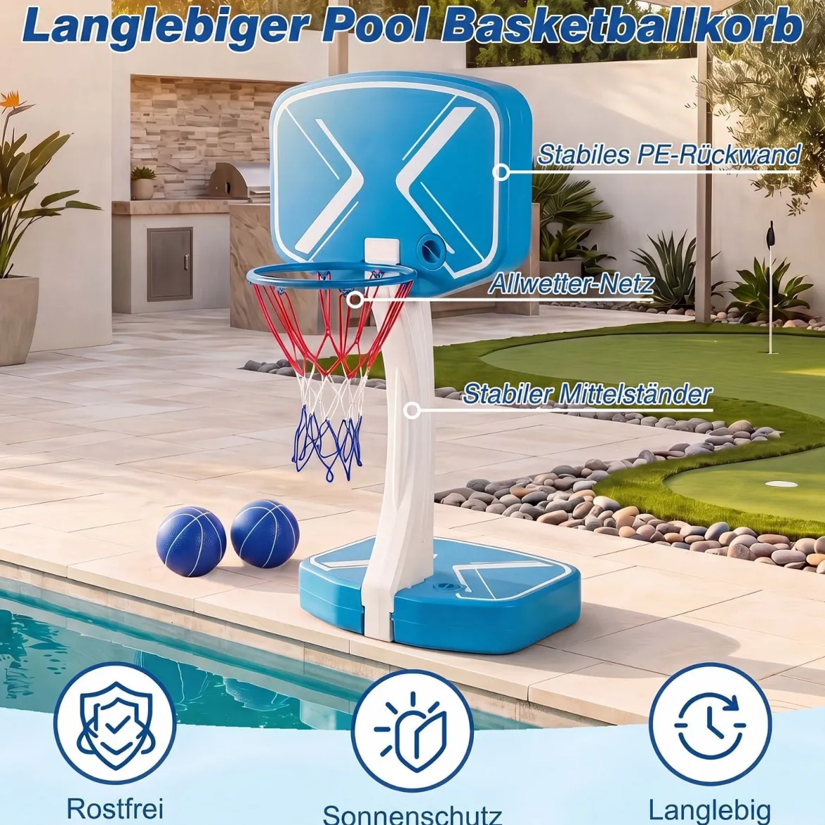 2-in-1 Pool Basketballkorb & Volleyballnetz Poolspielzeug mit Breiten Befüllbaren Standfüßen