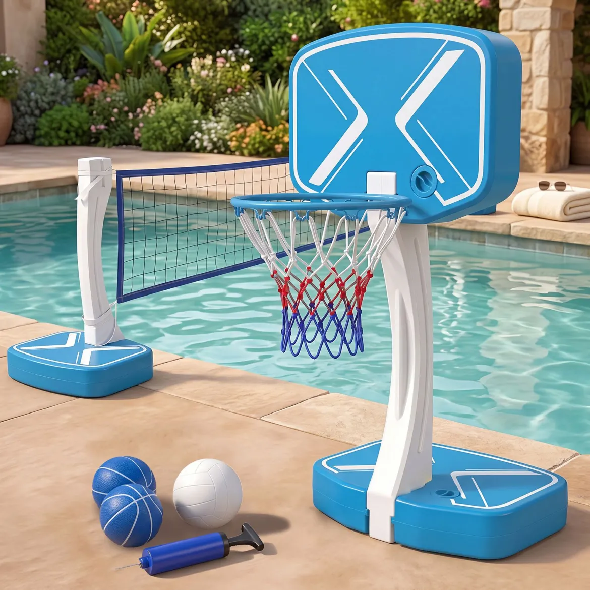 2-in-1 Pool Basketballkorb & Volleyballnetz Poolspielzeug mit Breiten Befüllbaren Standfüßen