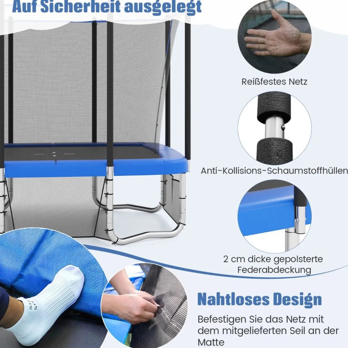 3 in 1 Rechteckiges Trampolin mit Leiter & Basketballkorb & Fußballtor Kindertrampolin Blau