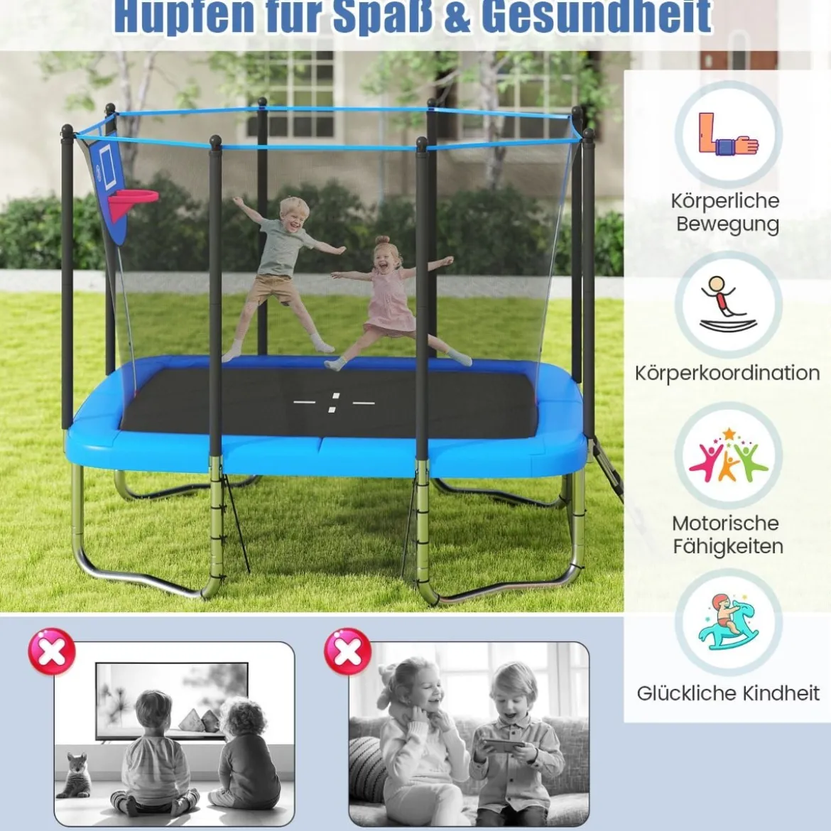 3 in 1 Rechteckiges Trampolin mit Leiter & Basketballkorb & Fußballtor Kindertrampolin Blau