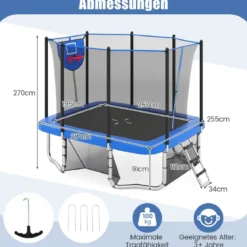 3 in 1 Rechteckiges Trampolin mit Leiter & Basketballkorb & Fußballtor Kindertrampolin Blau