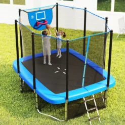 3 in 1 Rechteckiges Trampolin mit Leiter & Basketballkorb & Fußballtor Kindertrampolin Blau