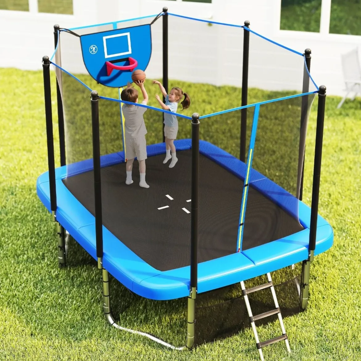 3 in 1 Rechteckiges Trampolin mit Leiter & Basketballkorb & Fußballtor Kindertrampolin Blau