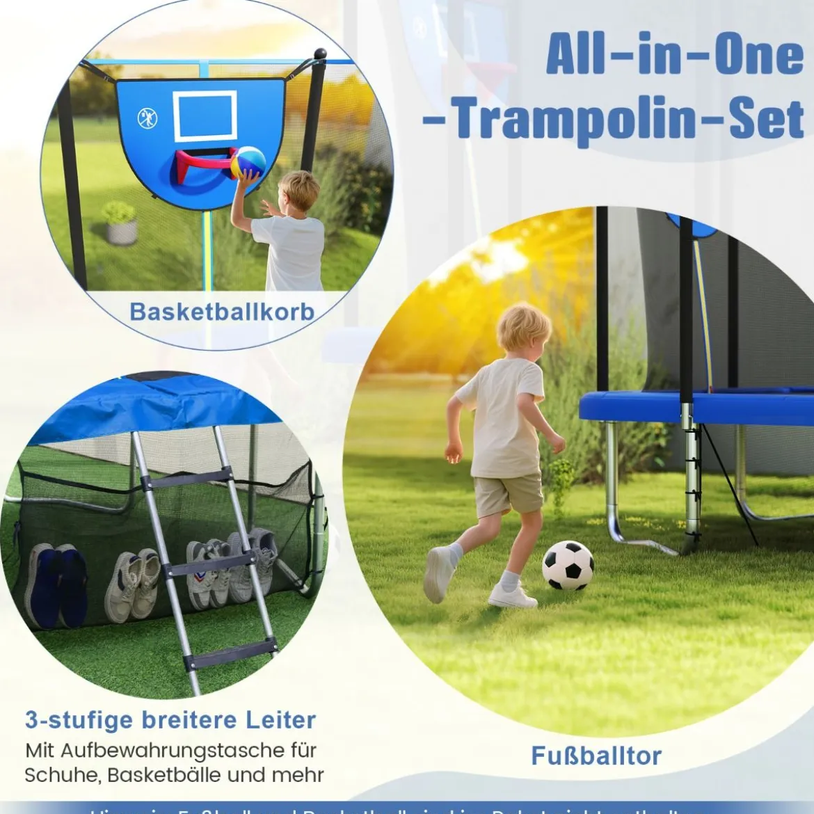 3 in 1 Rechteckiges Trampolin mit Leiter & Basketballkorb & Fußballtor Kindertrampolin Blau
