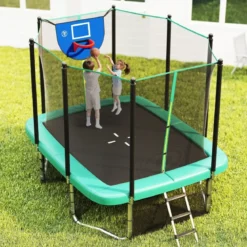 3 in 1 Rechteckiges Trampolin mit Leiter & Basketballkorb & Fußballtor Kindertrampolin Grün