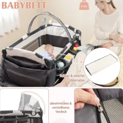 4 in 1 Reisebett mit Matratze Beistellbett klappbar mit verstellbaren Vordach
