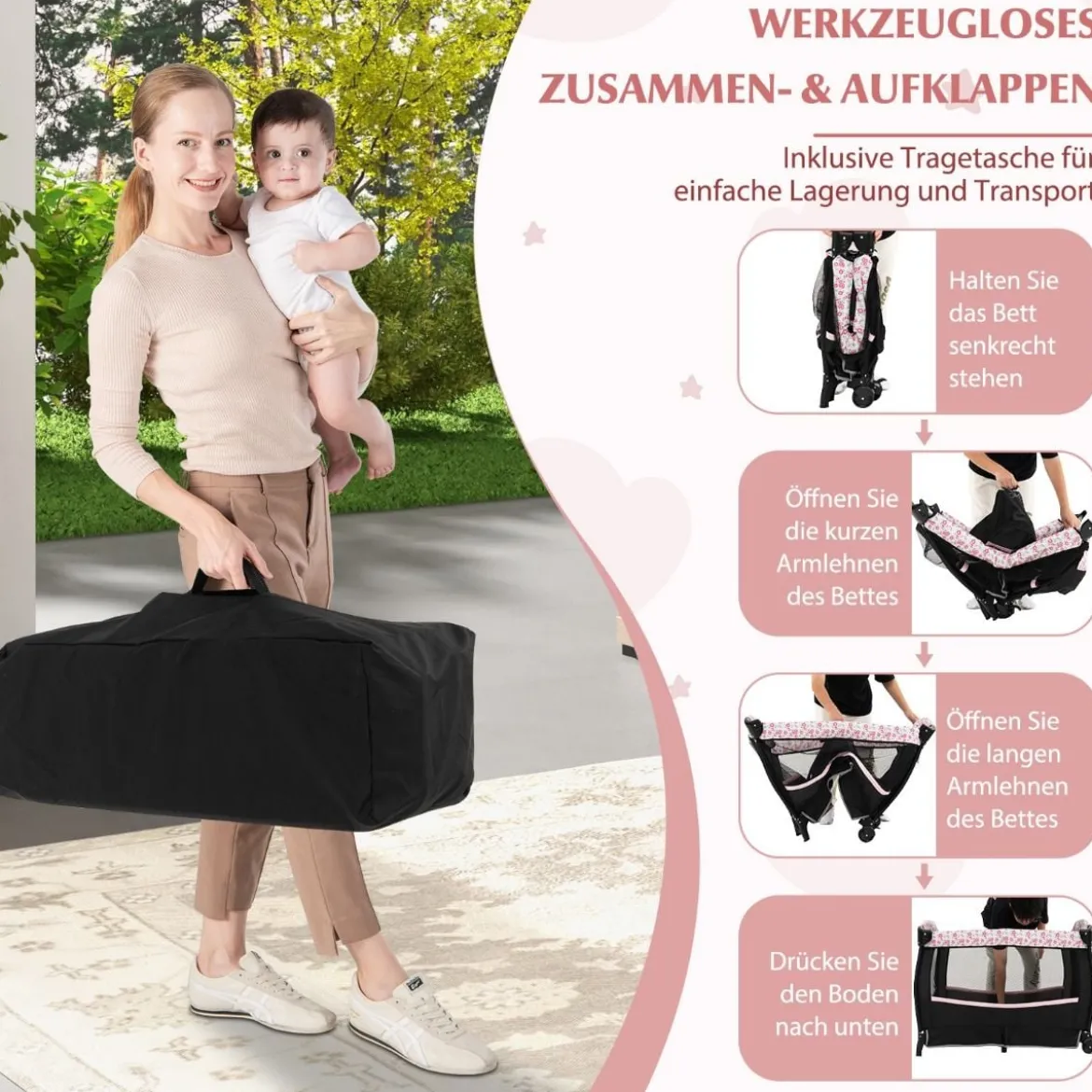4 in 1 Reisebett mit Matratze Beistellbett klappbar mit verstellbaren Vordach