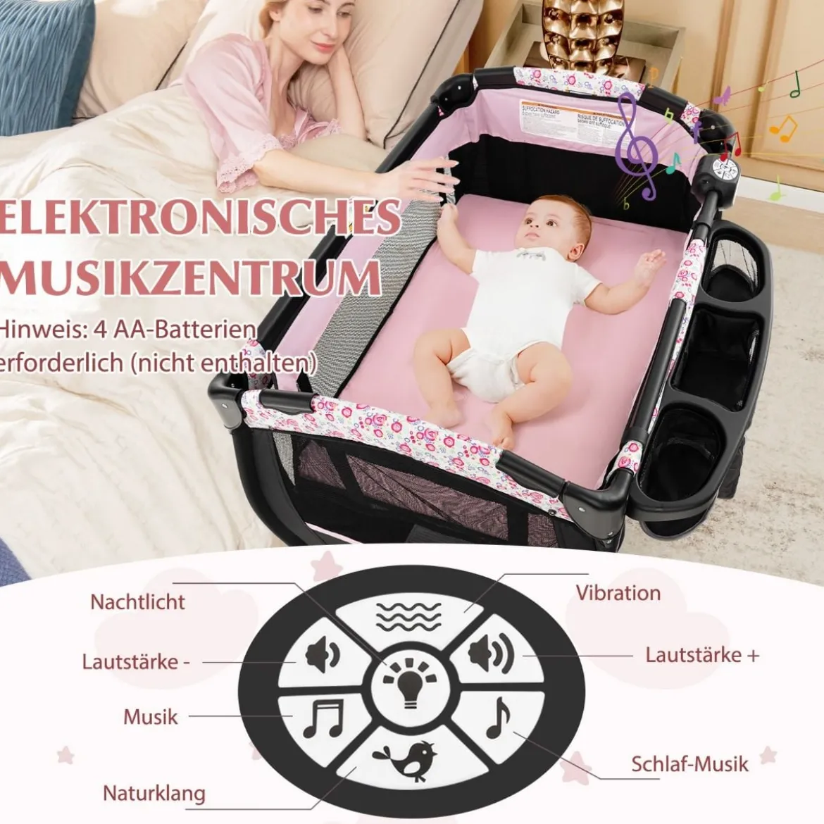 4 in 1 Reisebett mit Matratze Beistellbett klappbar mit verstellbaren Vordach