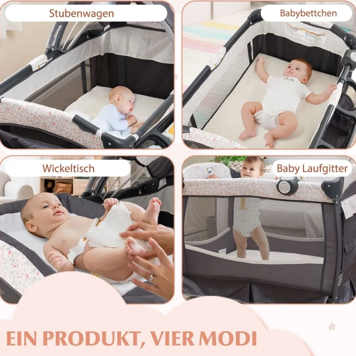 4 in 1 Reisebett mit Matratze Beistellbett klappbar mit verstellbaren Vordach
