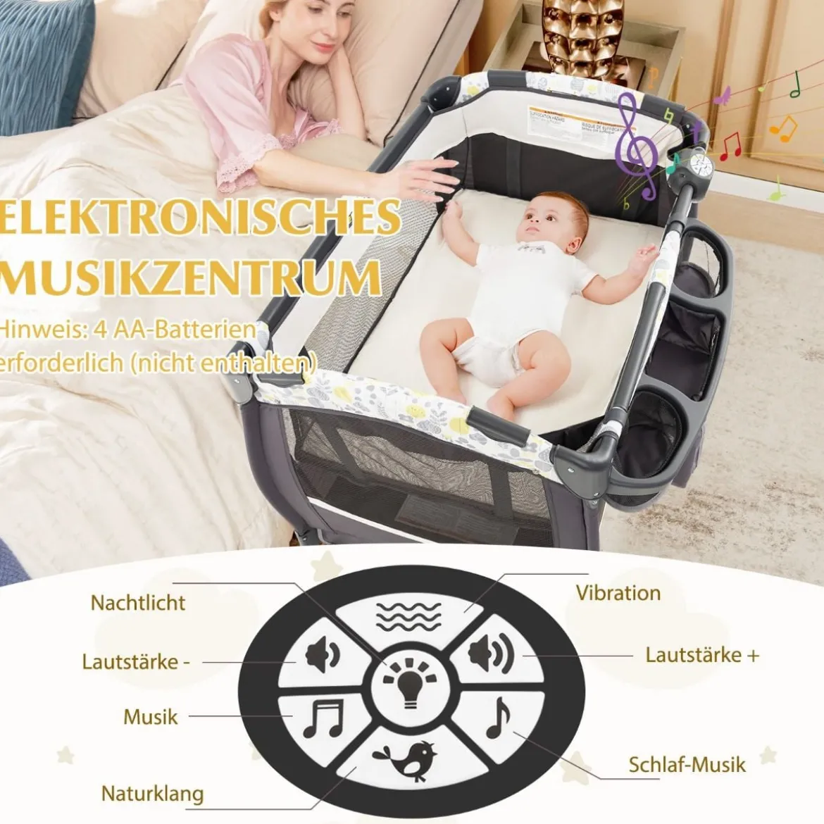 4 in 1 Reisebett mit Matratze Beistellbett klappbar mit verstellbaren Vordach