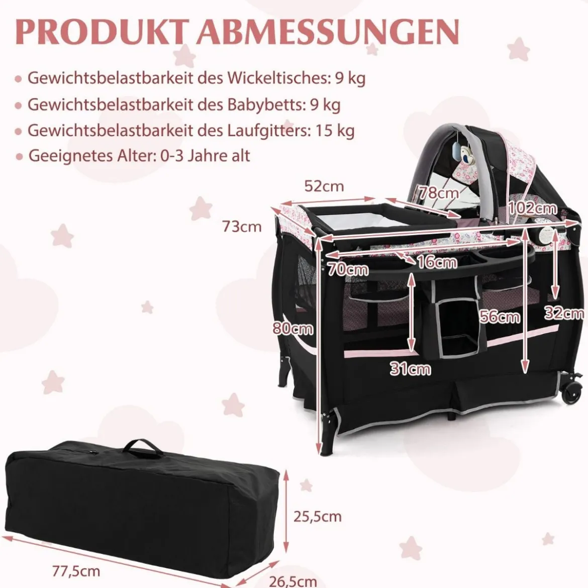 4 in 1 Reisebett mit Matratze Beistellbett klappbar mit verstellbaren Vordach