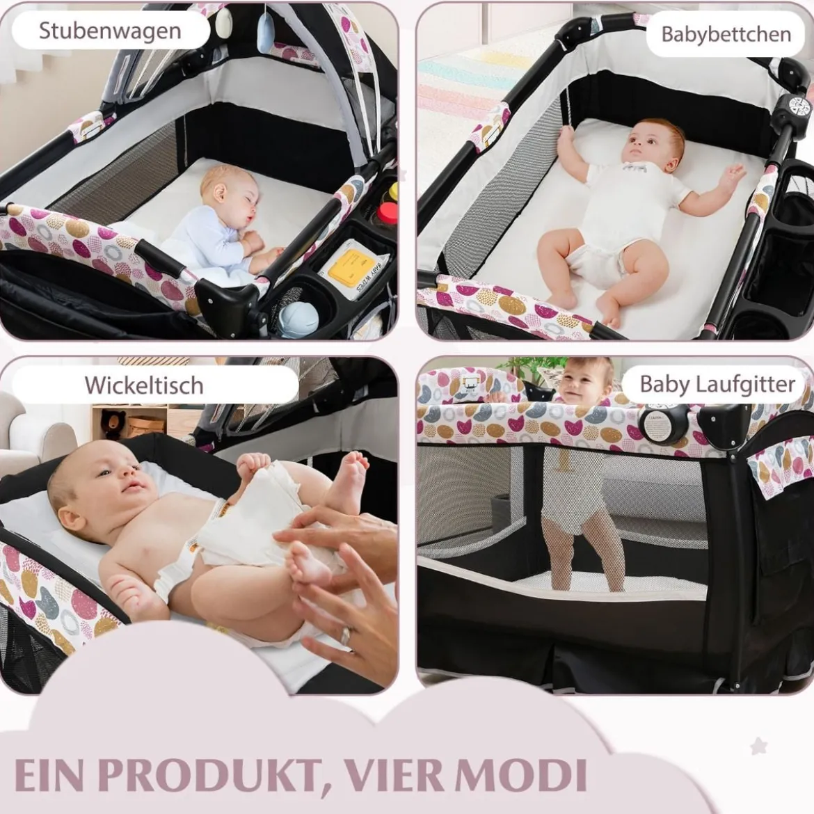 4 in 1 Reisebett mit Matratze Beistellbett klappbar mit verstellbaren Vordach