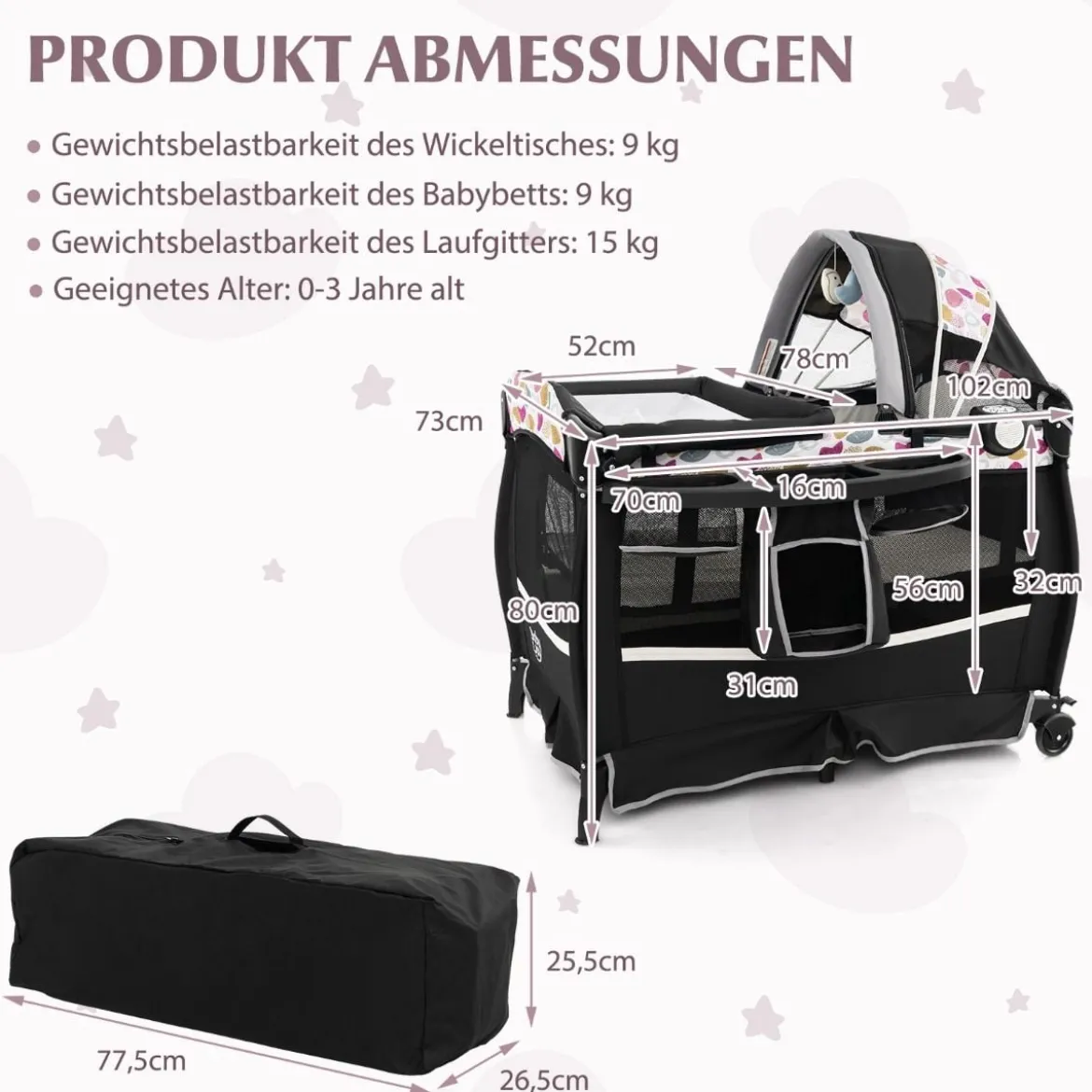 4 in 1 Reisebett mit Matratze Beistellbett klappbar mit verstellbaren Vordach