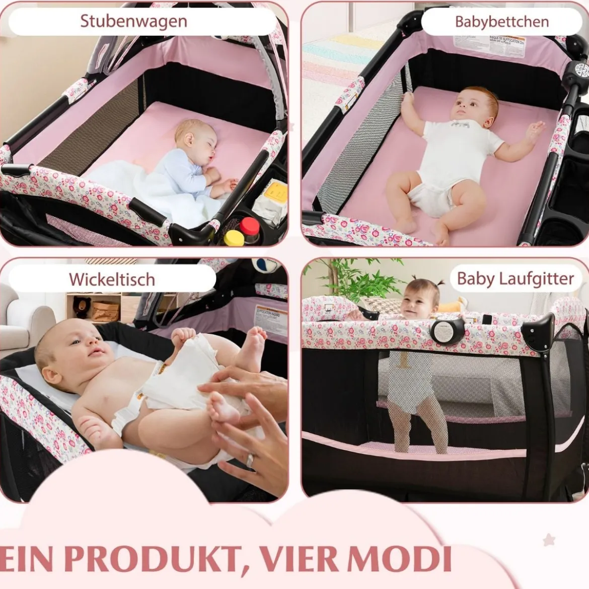 4 in 1 Reisebett mit Matratze Beistellbett klappbar mit verstellbaren Vordach