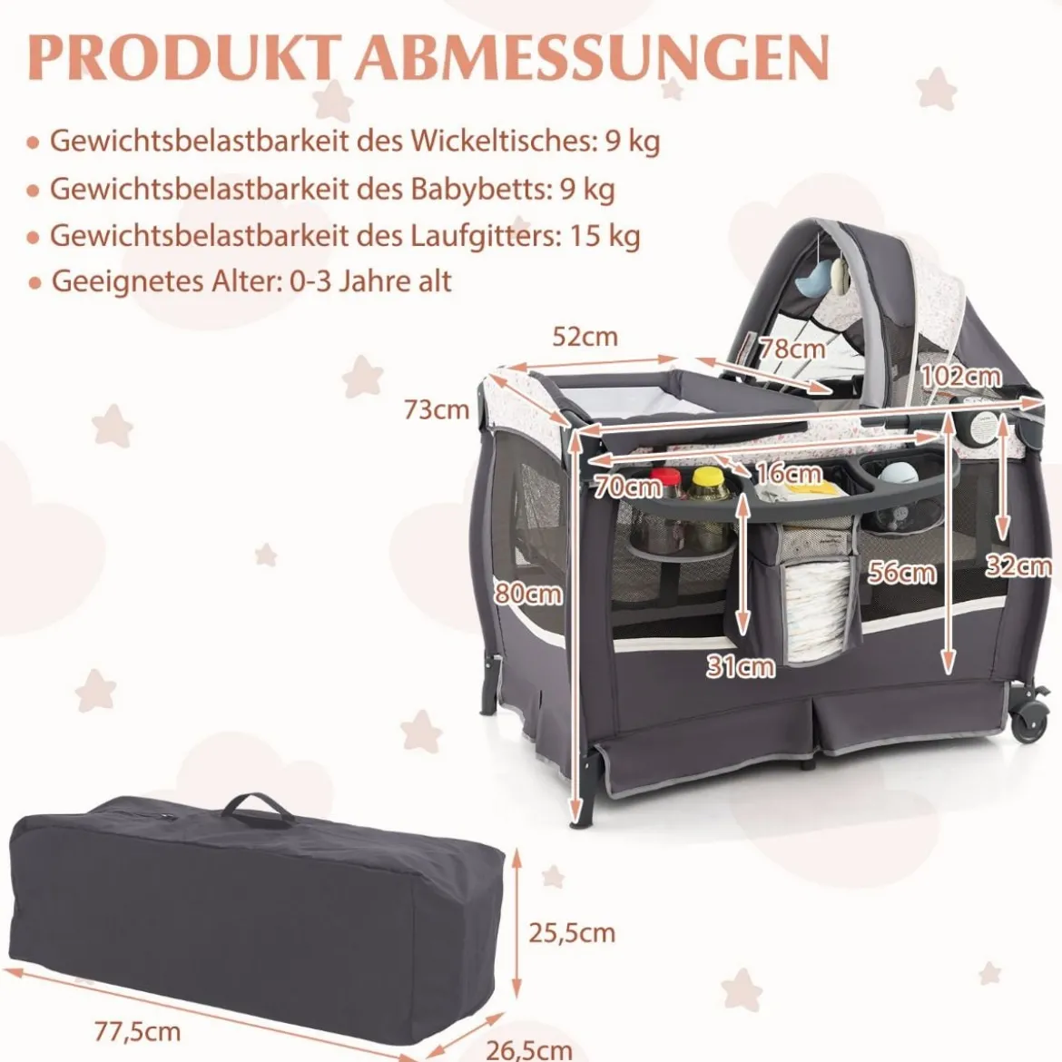 4 in 1 Reisebett mit Matratze Beistellbett klappbar mit verstellbaren Vordach