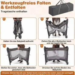 5 in 1 Reisebett mit Wickelauflage 2 Sicherheitsgurten & Laufstall Babybett 3-stufig Höhenverstellbar
