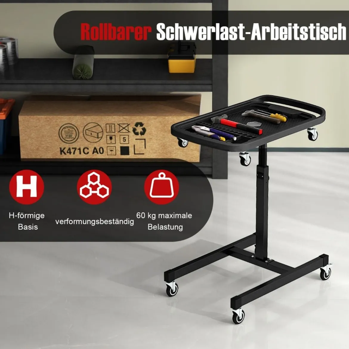 2 in 1 Rollbarer Werkzeugtisch mit Abnehmbarem Fach Höhenverstellbarer Arbeitstisch