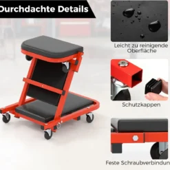 2 in 1 Rollbrett Werkstatt Montagerollbrett mit 6 Rollen & Gepolstertem Sitz bis 160 kg Belastbar Schwarz
