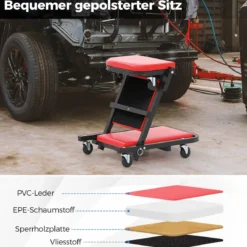 2 in 1 Rollbrett Werkstatt Montagerollbrett mit 6 Rollen & Gepolstertem Sitz bis 160 kg Belastbar Rot