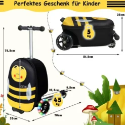 2-in-1-Rollkoffer/Scooter mit 3 Farbig Beleuchteten Rädern & Cartoon-Muster für Reisen Gelb