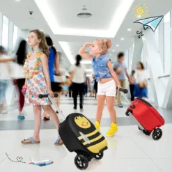 2-in-1-Rollkoffer/Scooter mit 3 Farbig Beleuchteten Rädern & Cartoon-Muster für Reisen Gelb