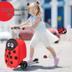 2-in-1-Rollkoffer/Scooter mit 3 Farbig Beleuchteten Rädern & Cartoon-Muster für Reisen Rot