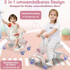 2-in-1-Rutschauto für Kinder Schiebewagen im Flugzeugmotiv mit LED-beleuchteten Rädern bis zu 50kg tragbar Blau/Rosa