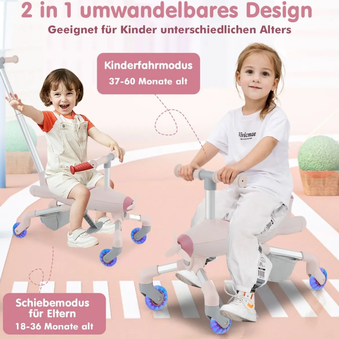 2-in-1-Rutschauto für Kinder Schiebewagen im Flugzeugmotiv mit LED-beleuchteten Rädern bis zu 50kg tragbar Blau/Rosa