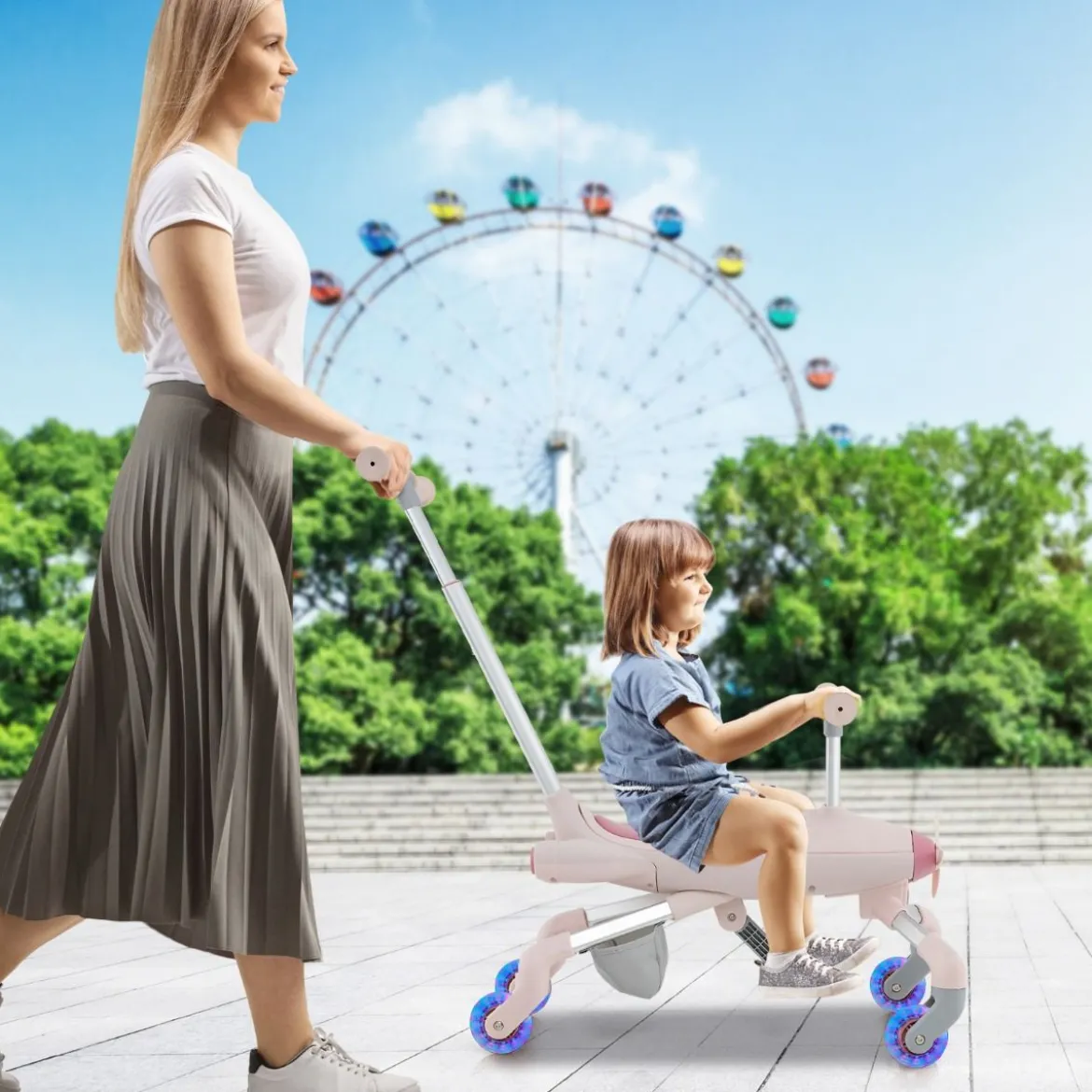 2-in-1-Rutschauto für Kinder Schiebewagen im Flugzeugmotiv mit LED-beleuchteten Rädern bis zu 50kg tragbar Blau/Rosa