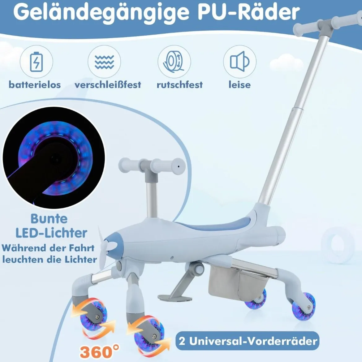 2-in-1-Rutschauto für Kinder Schiebewagen im Flugzeugmotiv mit LED-beleuchteten Rädern bis zu 50kg tragbar Blau/Rosa