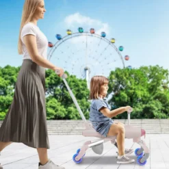 2-in-1-Rutschauto für Kinder Schiebewagen im Flugzeugmotiv mit LED-beleuchteten Rädern bis zu 50kg tragbar Blau/Rosa