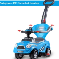 3 in 1 Rutschauto Schiebeauto mit Abnehmbarem Schiebgriff & Schutzbügel Blau