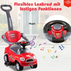 3 in 1 Rutschauto Schiebeauto mit Abnehmbarem Schiebgriff & Schutzbügel Rot