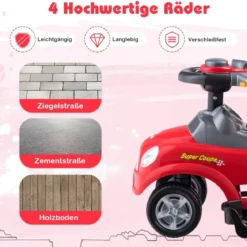 3 in 1 Rutschauto Schiebeauto mit Abnehmbarem Schiebgriff & Schutzbügel Rot