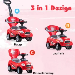 3 in 1 Rutschauto Schiebeauto mit Abnehmbarem Schiebgriff & Schutzbügel Rot