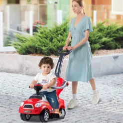 3 in 1 Rutschauto Schiebeauto mit Abnehmbarem Schiebgriff & Schutzbügel Rot